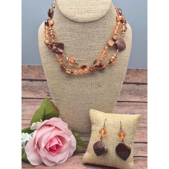 Artisan Made Peach & Brown Beaded Necklace & Dangle Earrings Set Dyed Abalone - Picture 3 of 9